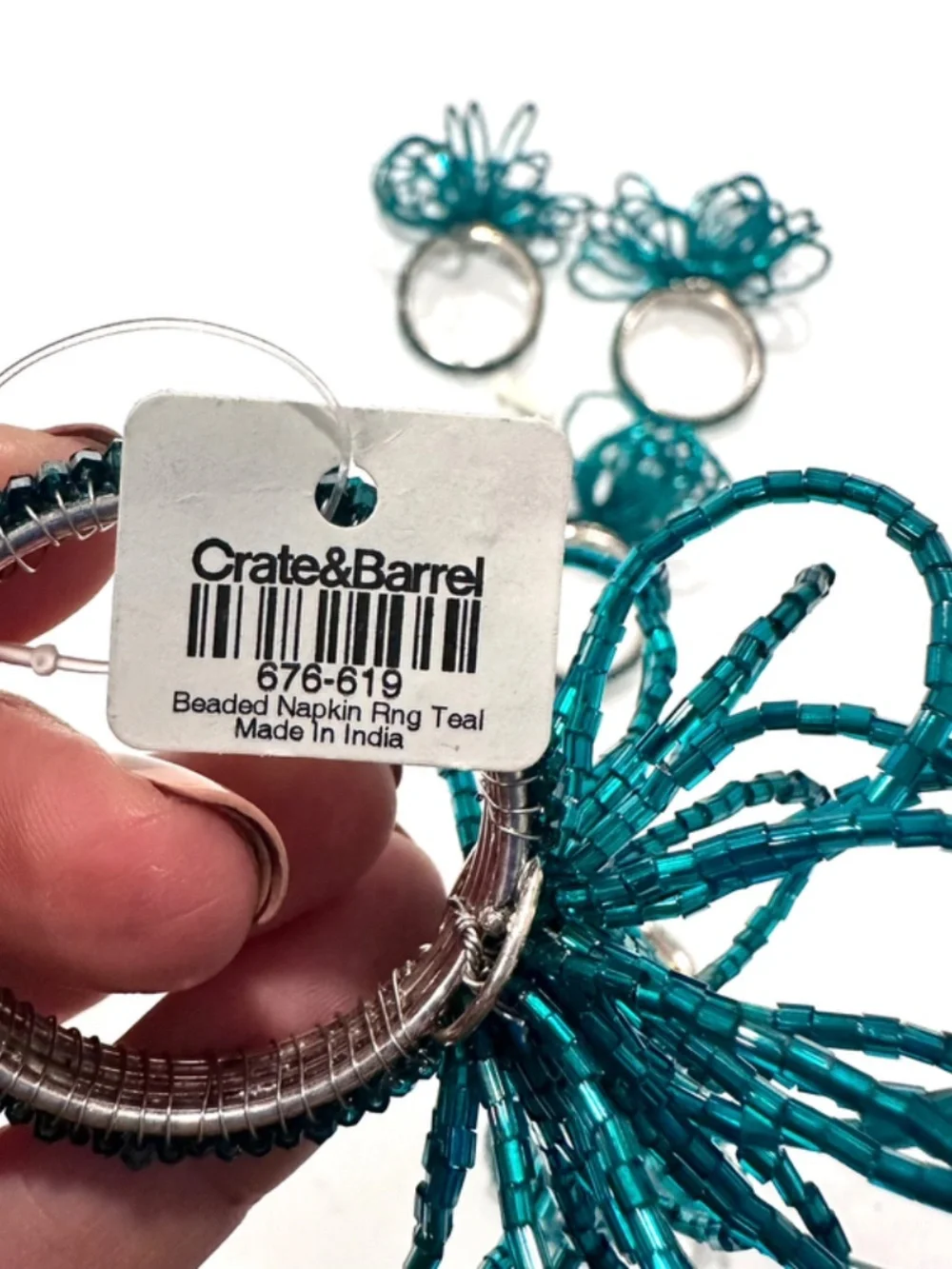 NEW Crate & Barrel Beaded Flower Napkin Ring Teal Set of 5